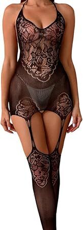 Women's Fishnet Mesh Bodystocking Lingerie Hollow Out Suspender Halter Nightwear Cut-Out Tights Lace Horsiery