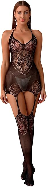 Women's Fishnet Mesh Bodystocking Lingerie Hollow Out Suspender Halter Nightwear Cut-Out Tights Lace Horsiery