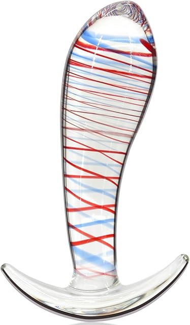 Glass Anal Plug Butt Plug Dilator with Curved Based Tapered Anal Prostate Massager Sex Toy with Long Stem & Stripe Decoration for Men Women Masturbation