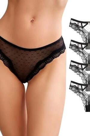 Women's Lace Thongs T Back Low Waist See Through Panties Sexy V-Shape Design Lace tangas 4 Pack