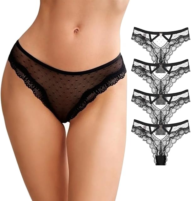 Women's Lace Thongs T Back Low Waist See Through Panties Sexy V-Shape Design Lace tangas 4 Pack
