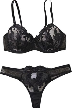 Women's Sexy 2 Piece Lingerie Set Floral Lace Mesh Bow Push Up Underwire Bra and Thong Sets