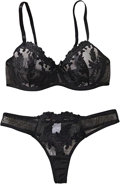 Women's Sexy 2 Piece Lingerie Set Floral Lace Mesh Bow Push Up Underwire Bra and Thong Sets