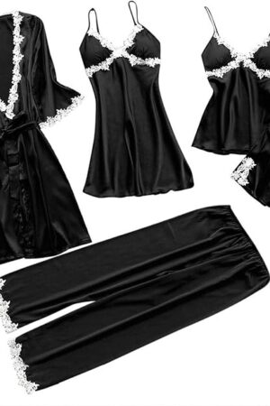 Women 5 Pieces Silk Satin Pajamas Set Sexy Floral Lace Lingerie Sets Cami Shorts Set Sleepwear Loungewear with Robe