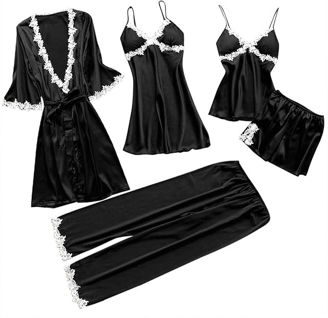 Women 5 Pieces Silk Satin Pajamas Set Sexy Floral Lace Lingerie Sets Cami Shorts Set Sleepwear Loungewear with Robe