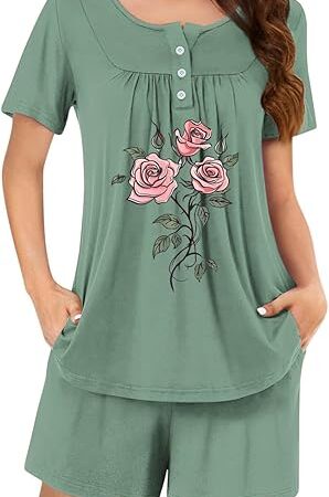 2 Piece Women's Short Sleeve Pajama Sets Sleepwear Button Collar Short Sleeve Tops Shorts Ladies Pjs Sets with Pocket