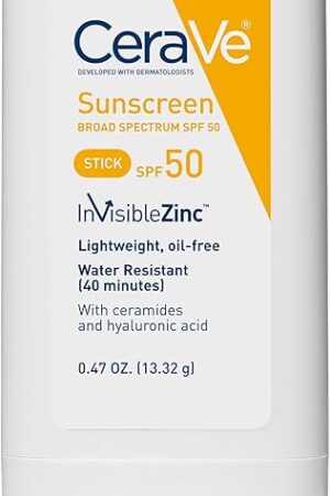CeraVe Mineral Sunscreen Stick SPF 50, Broad Spectrum SPF + Hyaluronic Acid + Ceramides, Titanium Dioxide & Zinc Oxide, 100% Mineral Face Sunscreen Stick, Fragrance Free & Oil Free