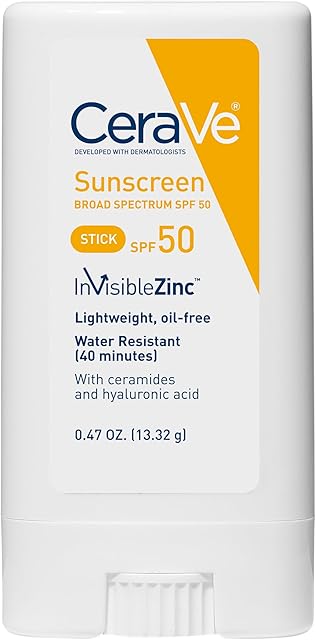 CeraVe Mineral Sunscreen Stick SPF 50, Broad Spectrum SPF + Hyaluronic Acid + Ceramides, Titanium Dioxide & Zinc Oxide, 100% Mineral Face Sunscreen Stick, Fragrance Free & Oil Free