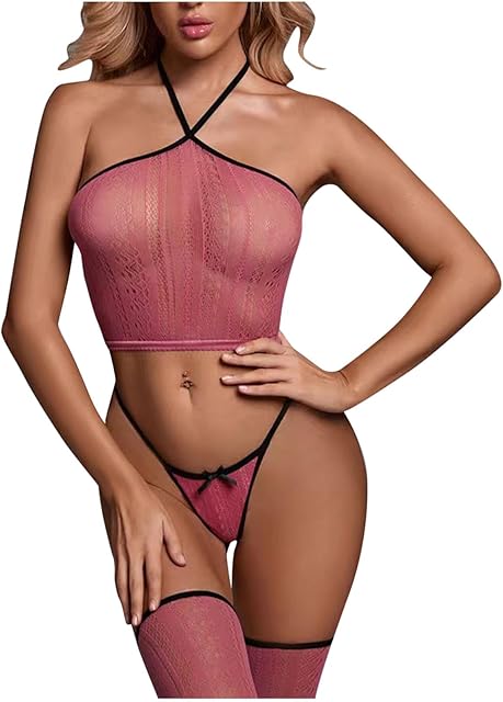 Womens Lace Lingerie Sexy Sheer Crop Tops and Panty Set Strappy Babydoll Outfits Exotic Lingerie for Sex Naughty Play