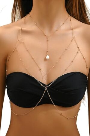 Gold Body Chain for Women Sexy Chest Chain Jewelry with Pearl Pendant Concert Outfits