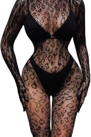 Women's Sexy Leopard Print Backless Closed Crotch One-Piece Fishnet Bodysuit, Black