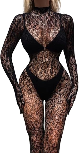 Women's Sexy Leopard Print Backless Closed Crotch One-Piece Fishnet Bodysuit, Black