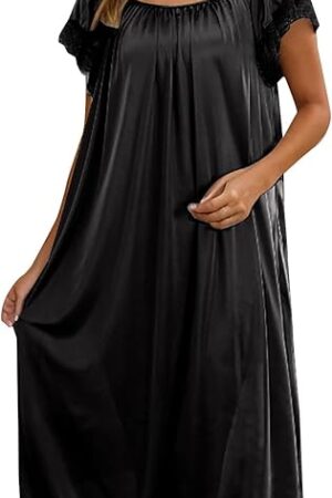 Lace Short Sleeve Nightgown Womens Loose House Dress Cozy Crewneck Pleated Nightdress Sleepwear Loungewear