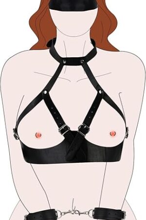 BDSM Breast Sex Bondage Restraints Sexy Harness for Women Body, Adjustable Bondage Accessories for Couples, Chest Harness, Neck Collar, Handcuffs and Bandage Blindfold Mask 4 in-1 Sexy Toys Set Game