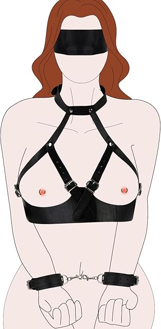 BDSM Breast Sex Bondage Restraints Sexy Harness for Women Body, Adjustable Bondage Accessories for Couples, Chest Harness, Neck Collar, Handcuffs and Bandage Blindfold Mask 4 in-1 Sexy Toys Set Game