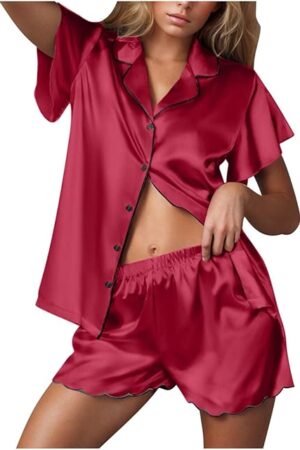 Women's Satin Pajama Set 2 Piece Sleepwear Loungewear Button Down Lapel Short Sleeve Silky PJ Set Soft Comfy Lingerie