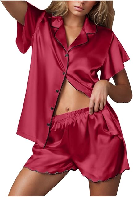 Women's Satin Pajama Set 2 Piece Sleepwear Loungewear Button Down Lapel Short Sleeve Silky PJ Set Soft Comfy Lingerie