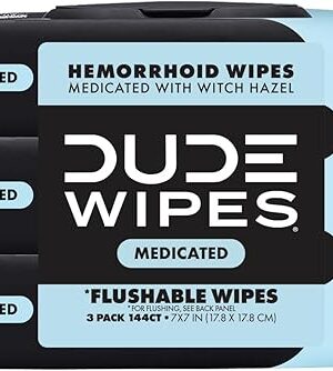DUDE Wipes - Medicated Flushable Wipes - 3 Pack, 144 Wipes - Unscented Extra-Large Adult Wet Wipes - Medicated Witch Hazel - Septic and Sewer Safe