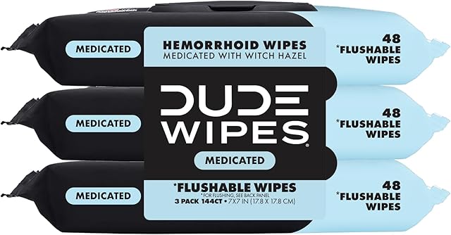 DUDE Wipes - Medicated Flushable Wipes - 3 Pack, 144 Wipes - Unscented Extra-Large Adult Wet Wipes - Medicated Witch Hazel - Septic and Sewer Safe