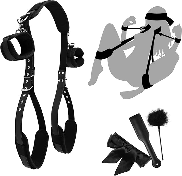 BDSM Bondage Restraints Kit, 4 Pcs Couples Sex Toys with Adjustable Leather Thigh Sling, Paddle, Blindfold and Tickler, Bondage Gear & Accessories Adult Sex Toy Straps Slave Beginner Bed SM Game Toys