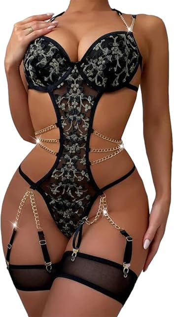 Women's Floral Embroidered Lingerie Set Lace Strap Chain Babydoll Bodysuit with Garter Belts
