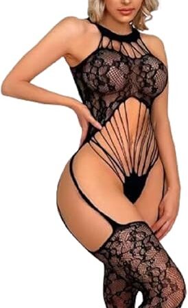 Womens Fishnet Bodysuit Black Hanging Neck Lace Lingerie Jacquard Bodystockings Mesh Romantic Nightwear Hallow Out