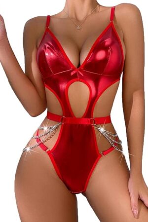 Womens Lingerie Faux PU Leather Lingerie Bra Cut Out Teddy Bodysuit Sexy Chains