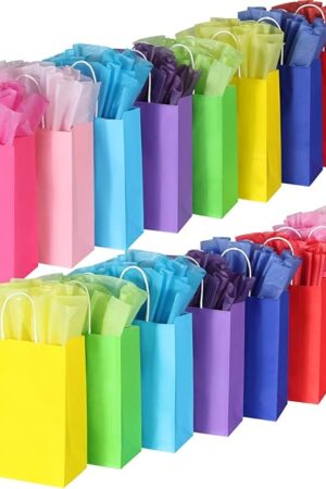 BLEWINDZ 32 Pieces Gift Bags with 32 Tissues, 8 Colors Party Favor Bags with Handles, Rainbow Gift Bag for Wedding, Birthday, Party Supplies and Gifts