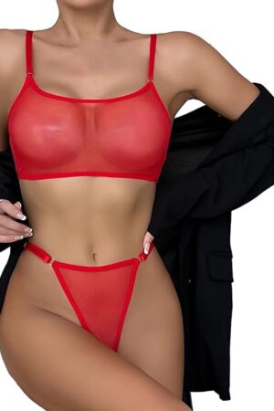 Womens Sexy Sheer Lingerie Sets, Adjustable Mesh See Through Bra and Panty Sets for Women Valentines Day Lingerie, Red, Onesize 2-8
