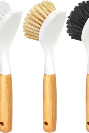 Holikme 3 Pack Dish Brush Set with Bamboo Handle, Kitchen Brushes for Cleaning Pot, Sink and Stove, Skillet Scrubber with Tough Bristles for Cast Iron Grill Pan, Yellow White Black