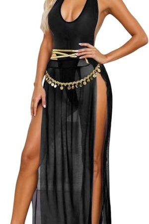 Women's Sexy Belly Dancer Costume Mesh Maxi Skirt V Neck Bodysuit Roleplay Lingerie Outfit Club Party Dress
