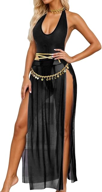 Women's Sexy Belly Dancer Costume Mesh Maxi Skirt V Neck Bodysuit Roleplay Lingerie Outfit Club Party Dress