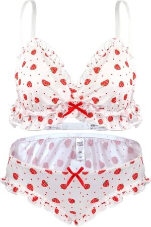 Women Cute Lingerie Set Sweet Strawberry Bikini Wirless Bra and Panty - 100% Cotton