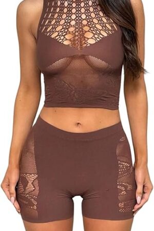 Womens Sexy 2 Piece Outfits Summer Sets, Sleeveless Cutout Crop Top & High Waist Shorts Set for Rave, Club or Casual