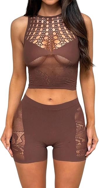 Womens Sexy 2 Piece Outfits Summer Sets, Sleeveless Cutout Crop Top & High Waist Shorts Set for Rave, Club or Casual