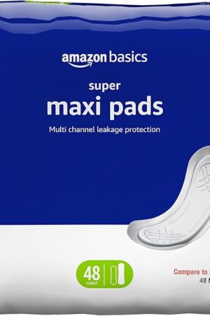 Amazon Basics Maxi Pads For Periods- Thick, Super Absorbency, Unscented, 48 Count, 1 Pack
