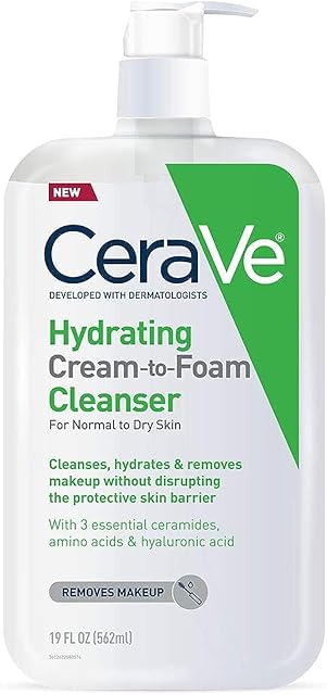 CeraVe Hydrating Cream To Foam Cleanser, Makeup Remover Face Wash For Dry Skin, Foaming Facial Cleanser With Hyaluronic Acid, Normal To Dry Skin, Fragrance Free & Non Comedogenic, 19 Fluid Ounce