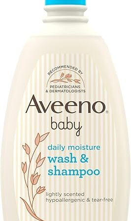 Aveeno Baby Daily Moisture Gentle Body Wash & Shampoo with Oat Extract, 2-in-1 Baby Bath Wash & Hair Shampoo, Tear- & Paraben-Free for Hair & Sensitive Skin, Lightly Scented, 18 fl oz
