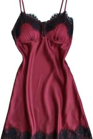 Womens Satin Nightgowns Sexy Lace Trim Babydoll Chemise Lingerie Silk Nightdress Boudoir Pajama Dress