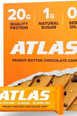 Atlas Protein Bar ? 20g Clean Protein, 1g Natural Sugar, No Seed Oils, Gluten Free, No Artificial Sweeteners, Peanut Butter Chocolate Chip, 12 Count