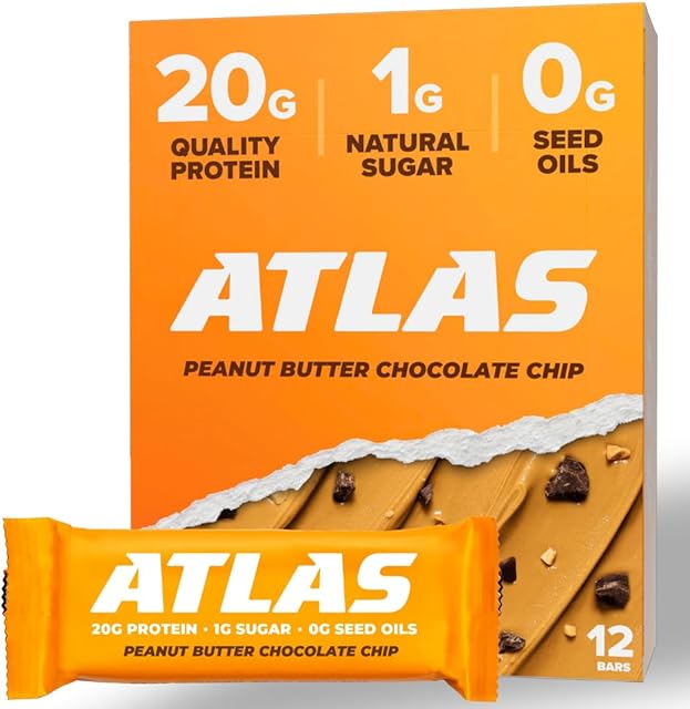 Atlas Protein Bar ? 20g Clean Protein, 1g Natural Sugar, No Seed Oils, Gluten Free, No Artificial Sweeteners, Peanut Butter Chocolate Chip, 12 Count