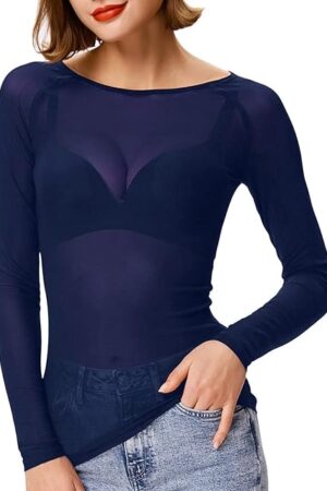 Women's Basic Long Sleeves Mesh Sheer Tops