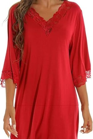 Cotton Nightgowns for Women 3/4 Sleeve Victorian Sleepwear, Lace Trim V Neck Loose Loungwear Nightdress