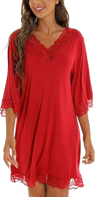 Cotton Nightgowns for Women 3/4 Sleeve Victorian Sleepwear, Lace Trim V Neck Loose Loungwear Nightdress