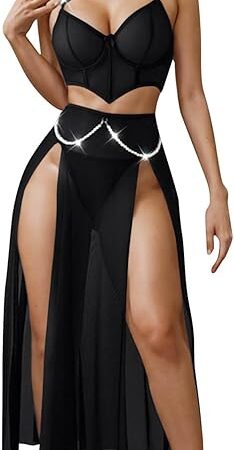 Women's Sexy Lingerie Sets 3 Piece Mesh Crop Corset Top High Split Maxi Skirt Boudoir Outfits with Thongs