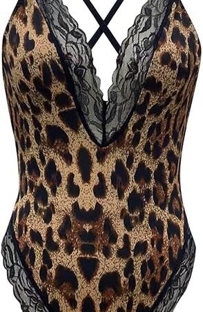 Womens Teddy Lingerie Cheetah Lace Leopard Teddies Lingerie Sexy One Piece Clear Romper Sheer Lingerie Romper Exotic
