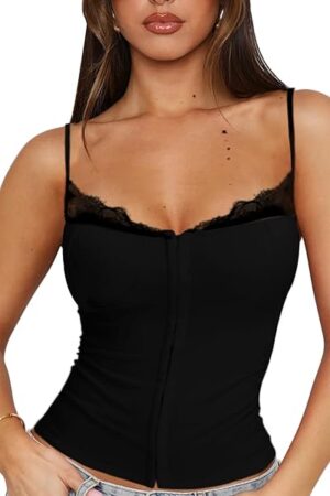 Women Lace Trim Tank Cami Top with Built in Bra Cute Padded Lingerie for Summer Date Night Going Out