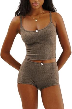 Women 's Y2k Two Piece Lace Trim Pajamas Set Sleeveless Cami Tank Tops and Shorts Pjs Matching Outfits Sleepwears