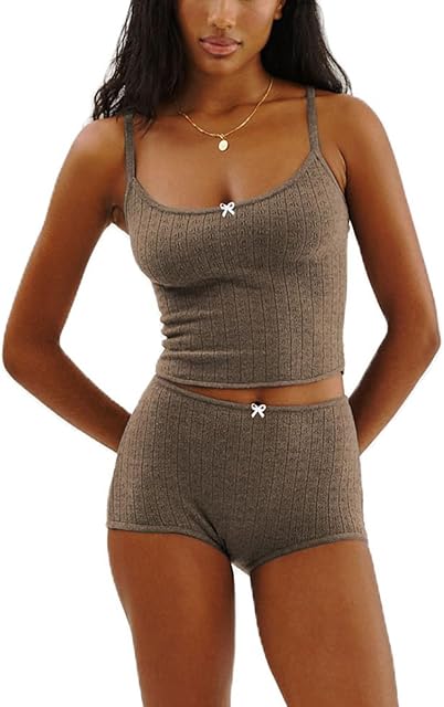 Women 's Y2k Two Piece Lace Trim Pajamas Set Sleeveless Cami Tank Tops and Shorts Pjs Matching Outfits Sleepwears