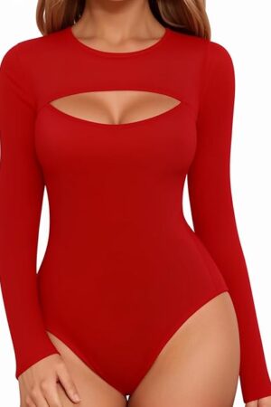 Womens Short Sleeve Long Sleeve Bodysuit Sexy Front Cutout Round Neck Body Suits Going Out Tops
